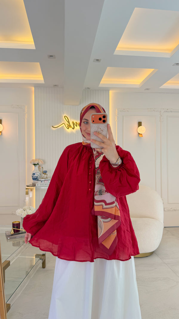 Kırmızı Önden Düğmeli Vual Tunik