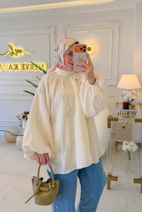 Ekru Çiçek Müslin Tunik