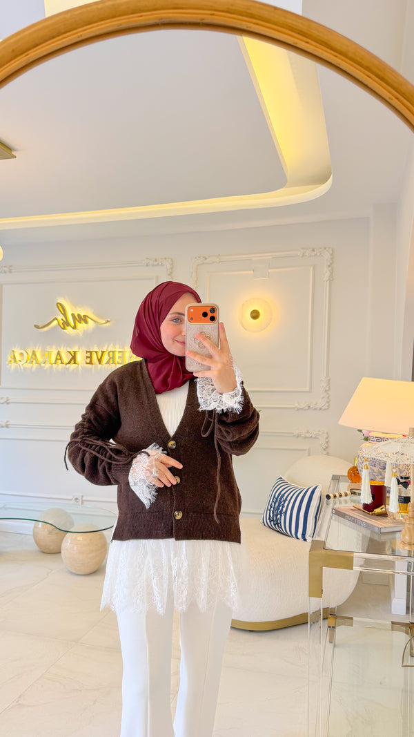 Acı Kahve Dantel Büzgü Hırka-27720