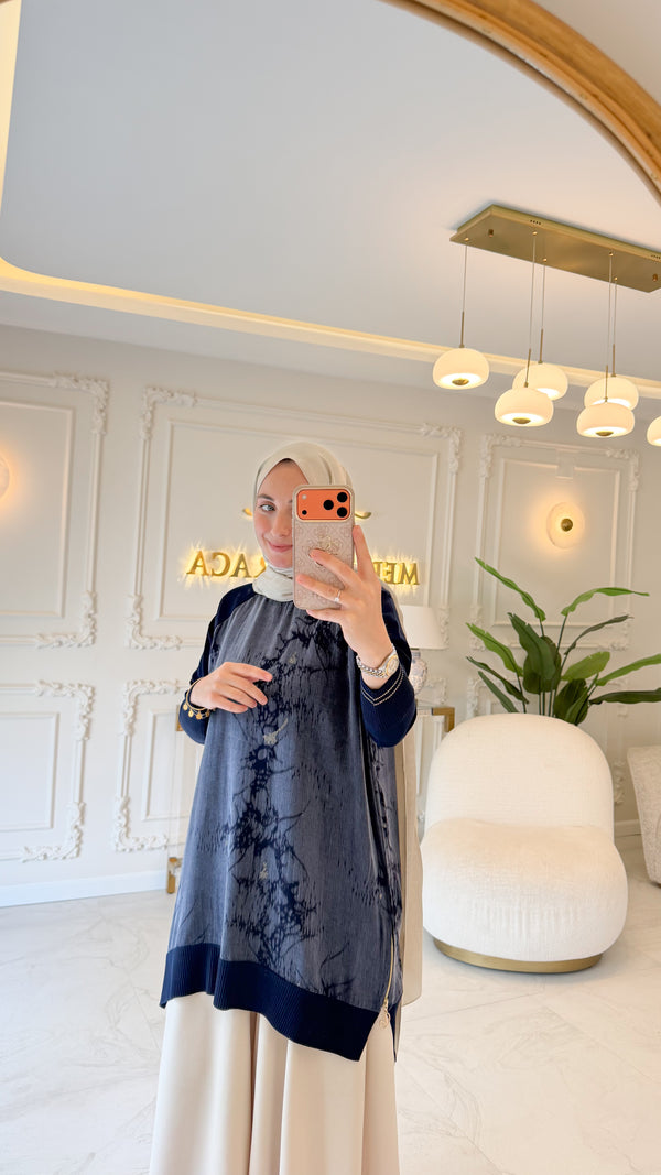 Lacivert Simli Kumaş Fermuarlı Tunik -299