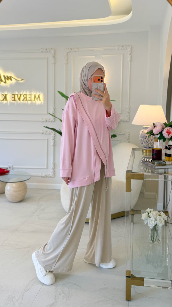 Pembe Çapraz Fermuar Detay Tunik
