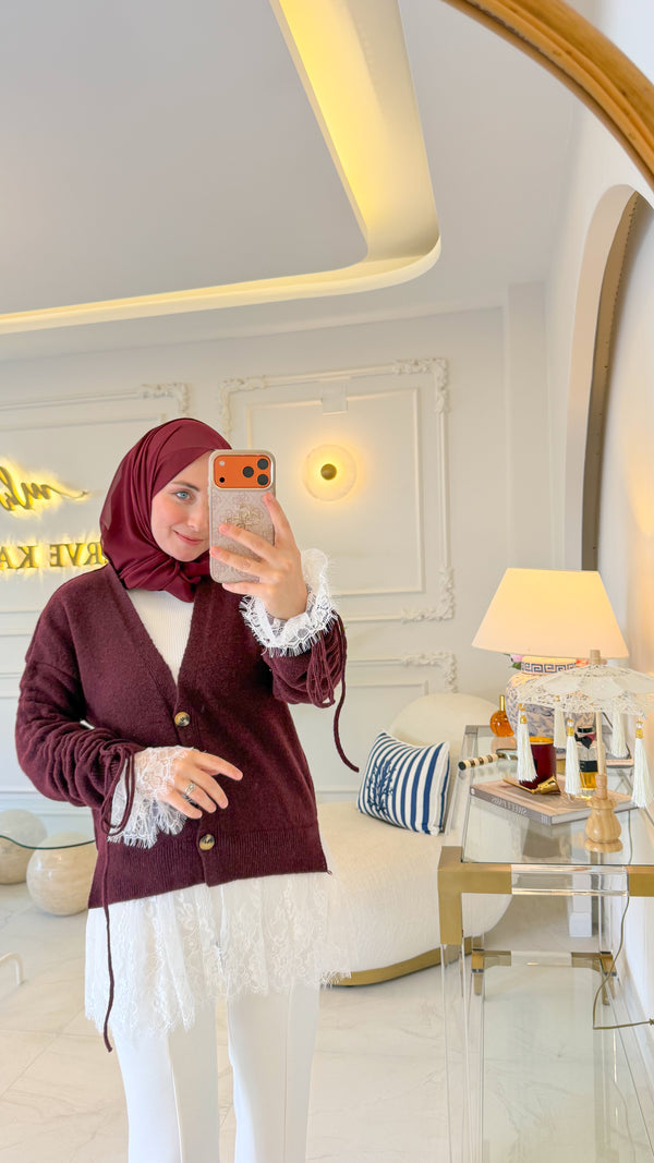 Bordo Dantel Büzgü Hırka-27720