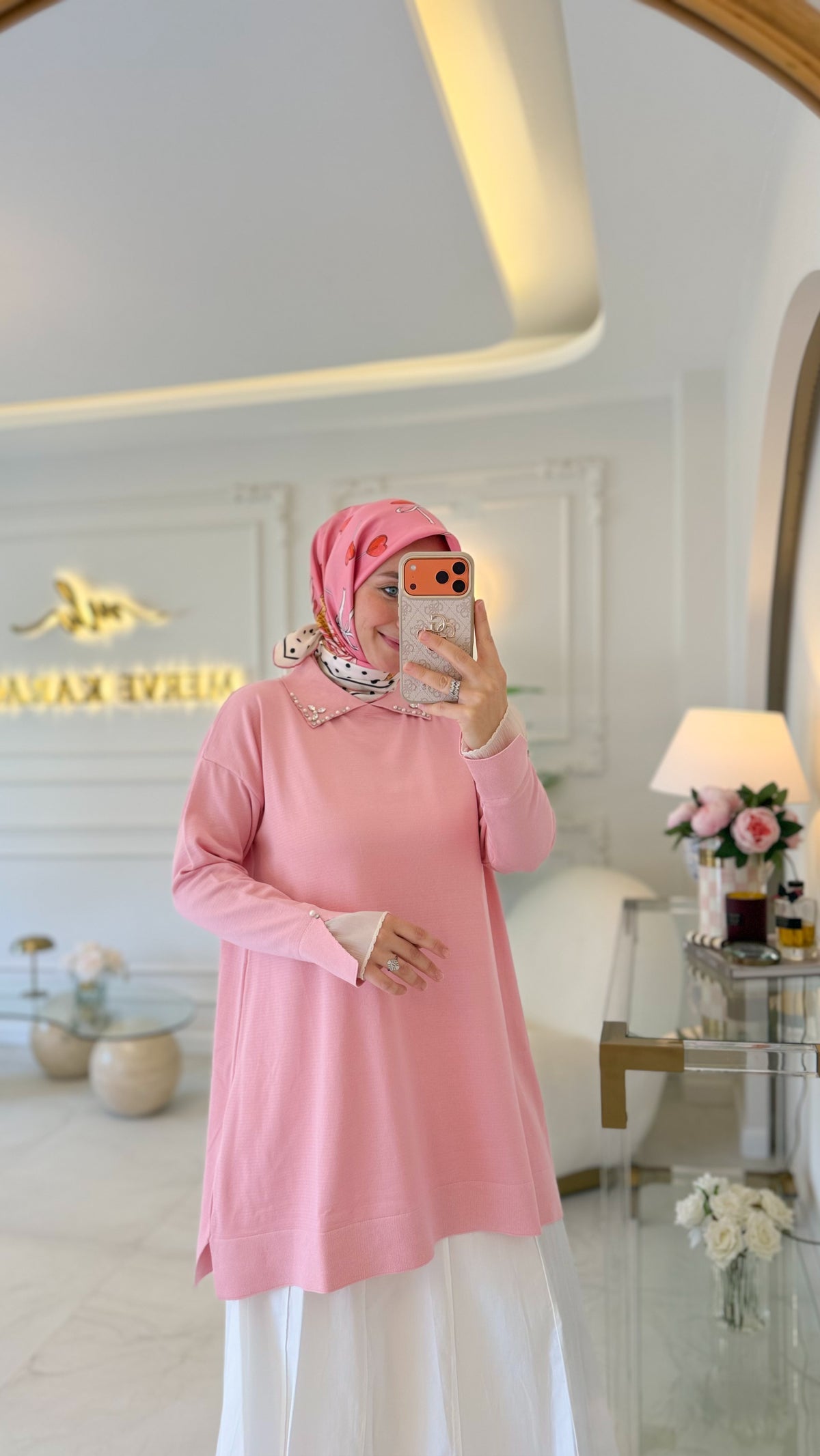 Pembe İnci Yaka Triko