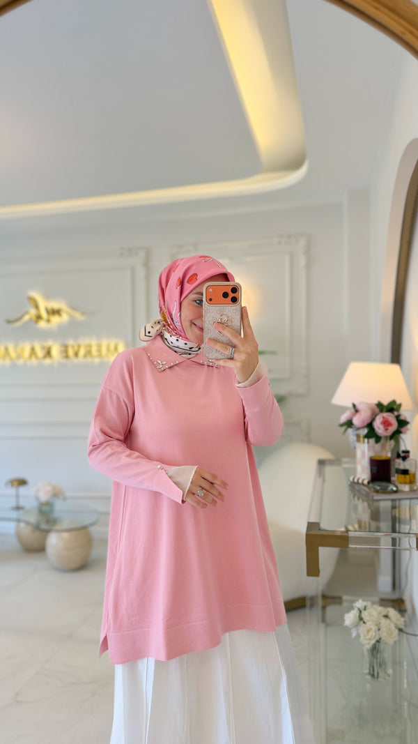 Pembe İnci Yaka Triko