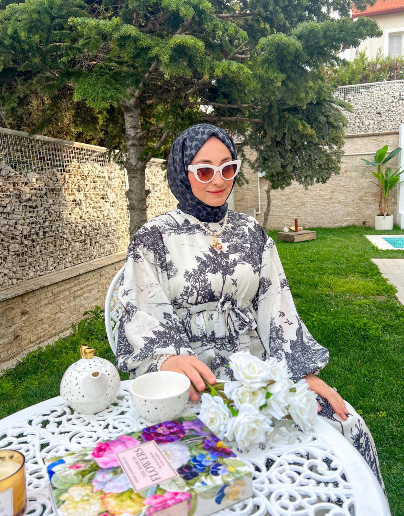 Siyah Oversize Desenli Keten Elbise