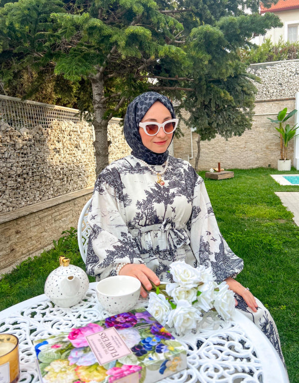 Siyah Oversize Desenli Keten Elbise