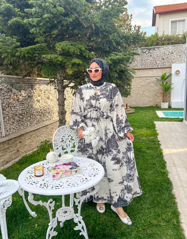 Siyah Oversize Desenli Keten Elbise