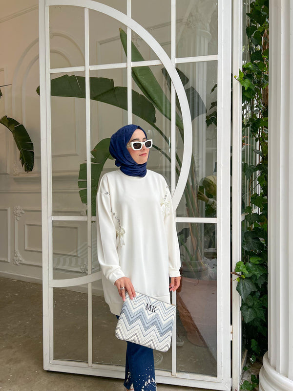 Ekru 4299 Taşlı Kurdele Modal Tunik