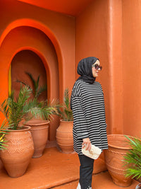 Siyah 2739 Oversize Mk Çizgili Sweatshirt