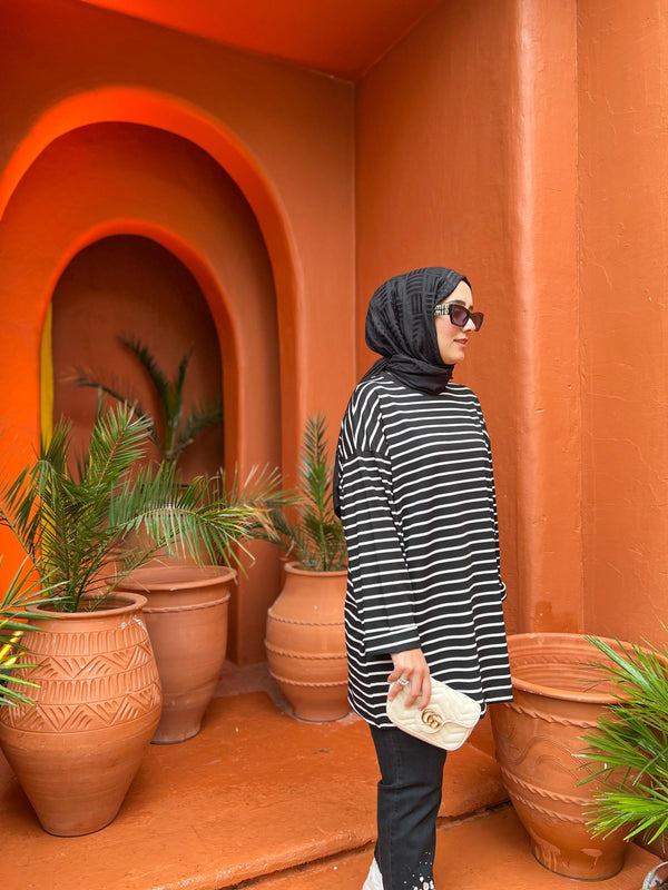 Siyah 2739 Oversize Mk Çizgili Sweatshirt