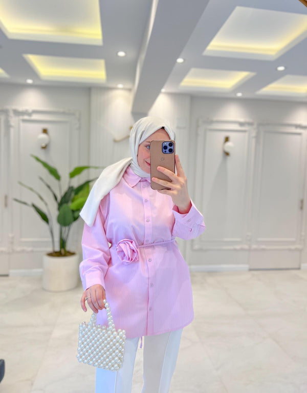 Pembe 2789 Kuşağı Gül Motifli Gömlek