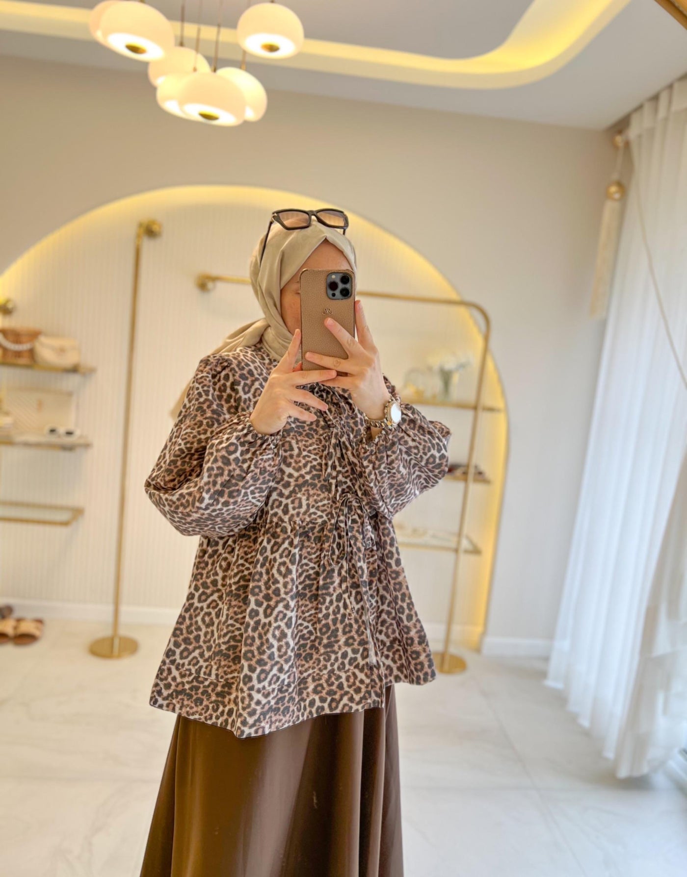 Kahve Leopar Bağcıklı Kimono