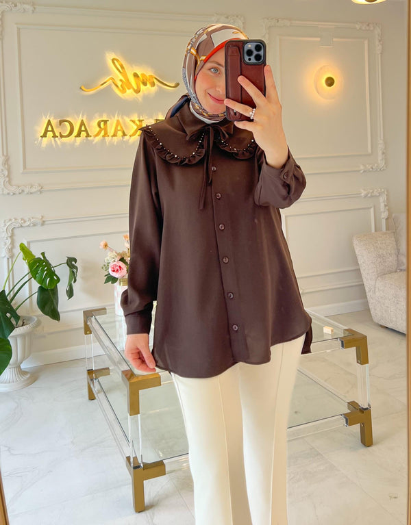 Acı Kahve 7644 Fırfırlı Bebe Yaka Boncuk İşlemeli Tunik