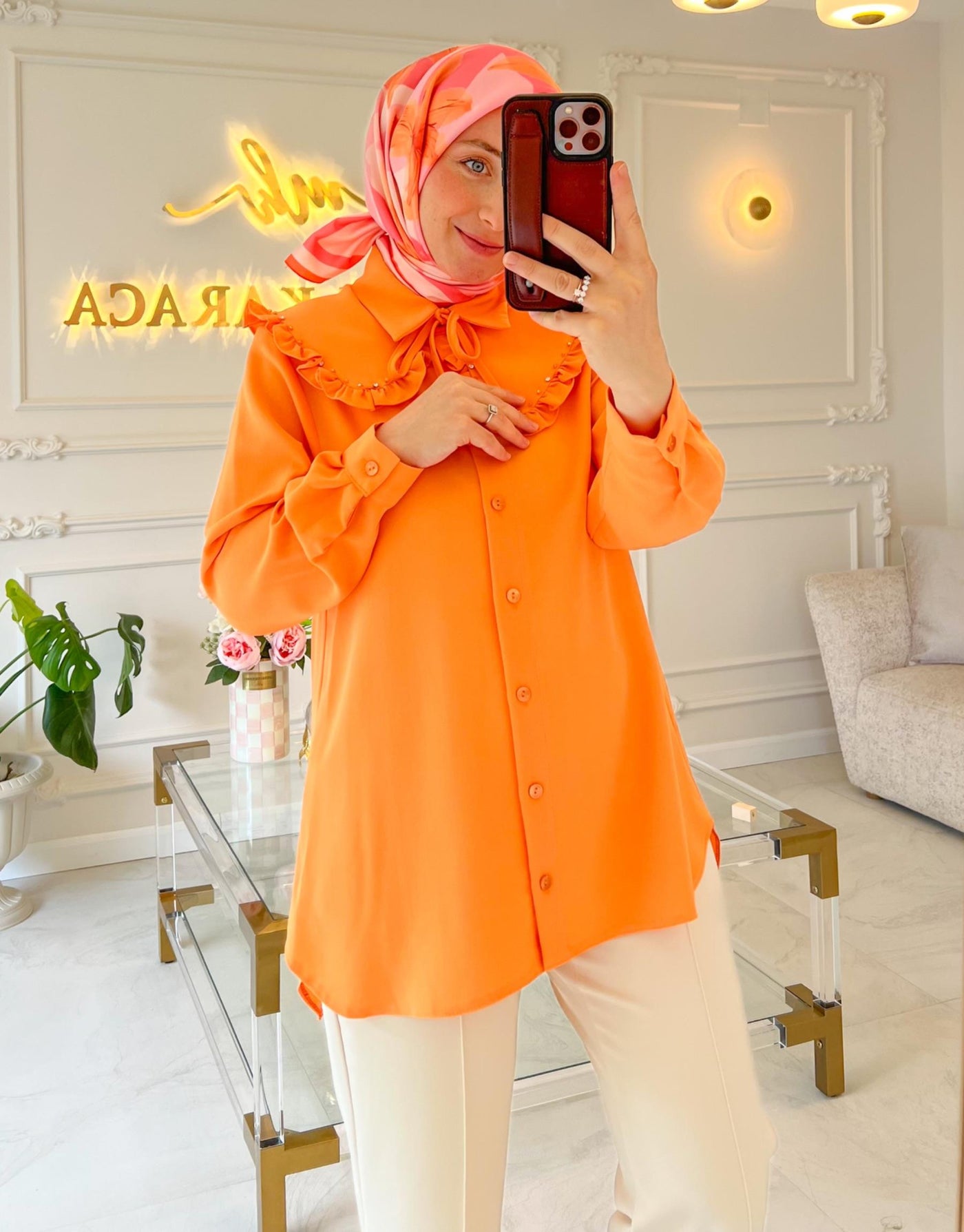 Oranj 7644 Fırfırlı Bebe Yaka Boncuk İşlemeli Tunik