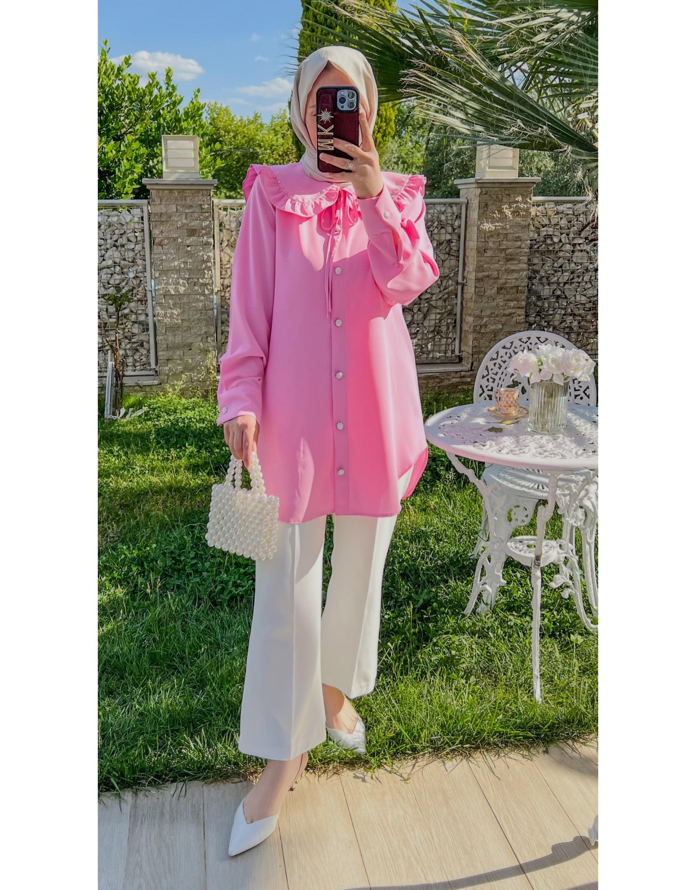 Pembe 7644 Fırfırlı Bebe Yaka Boncuk İşlemeli Tunik