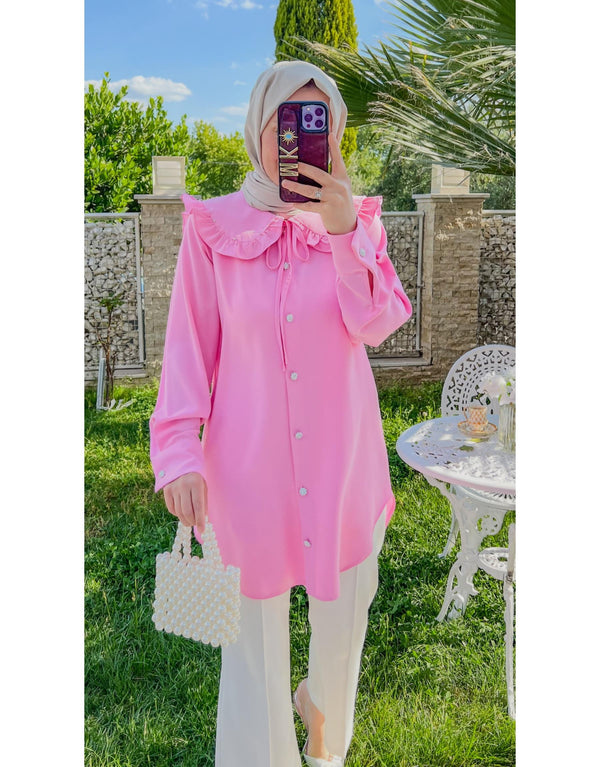 Pembe 7644 Fırfırlı Bebe Yaka Boncuk İşlemeli Tunik