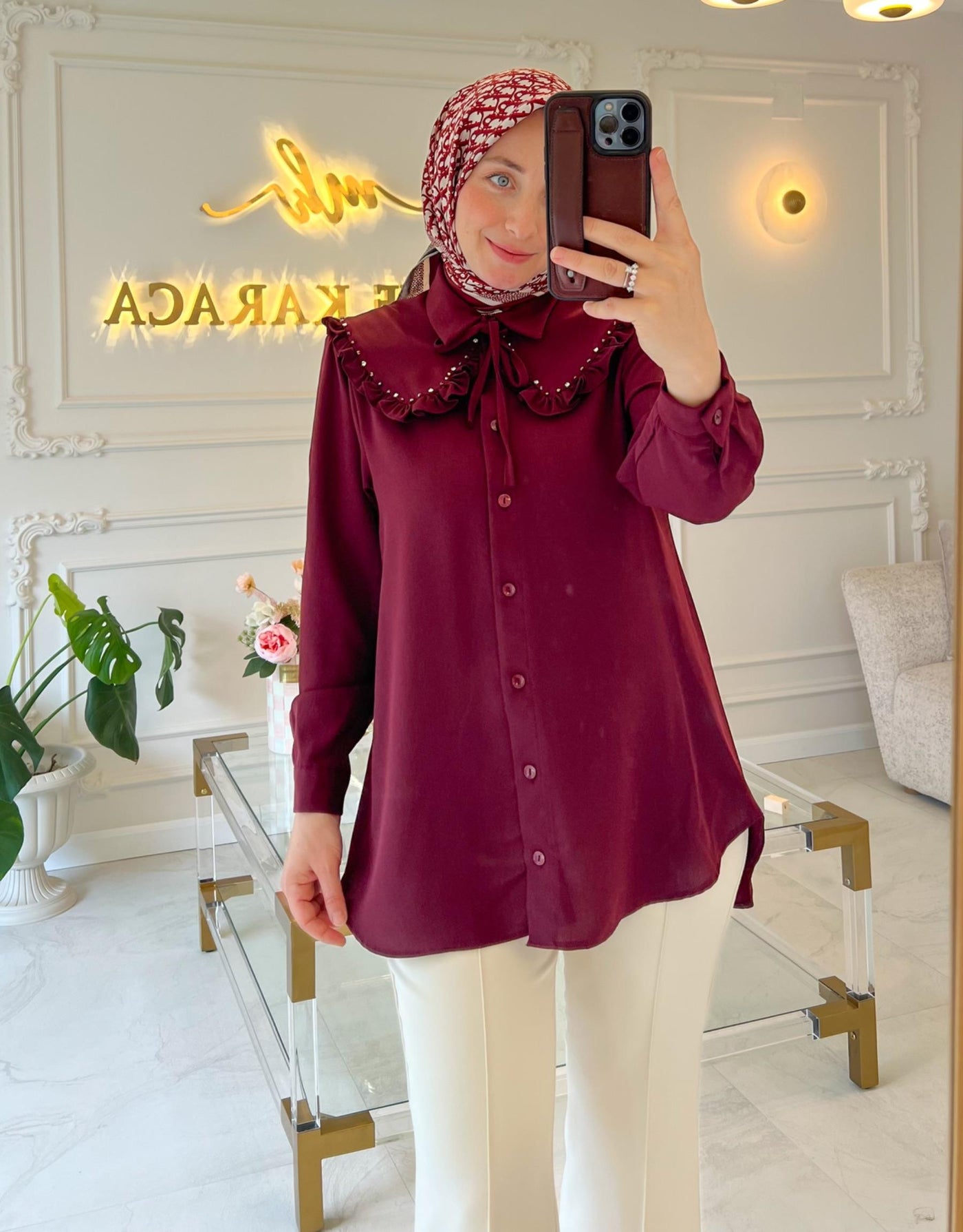 Bordo 7644 Fırfırlı Bebe Yaka Boncuk İşlemeli Tunik