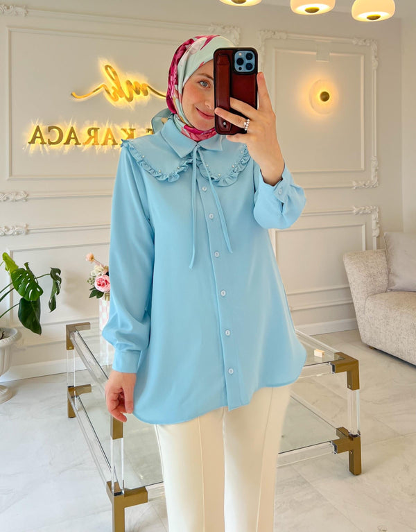 Buz Mavisi 7644 Fırfırlı Bebe Yaka Boncuk İşlemeli Tunik