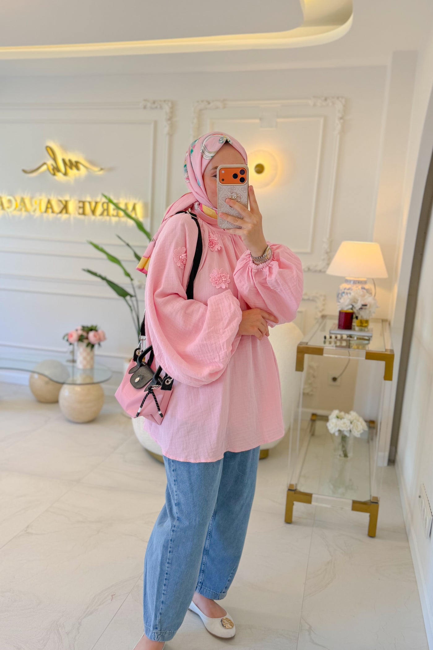Pembe Çiçek Müslin Tunik