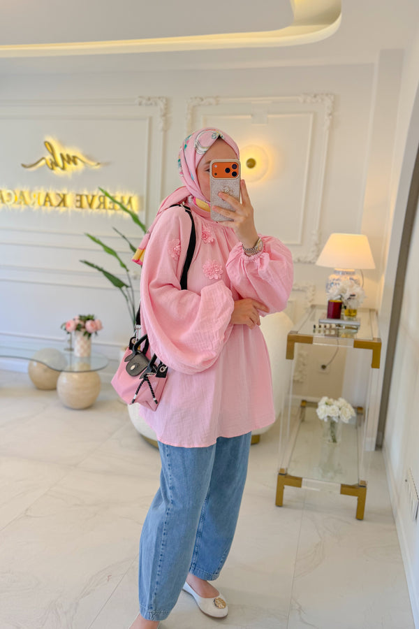 Pembe Çiçek Müslin Tunik