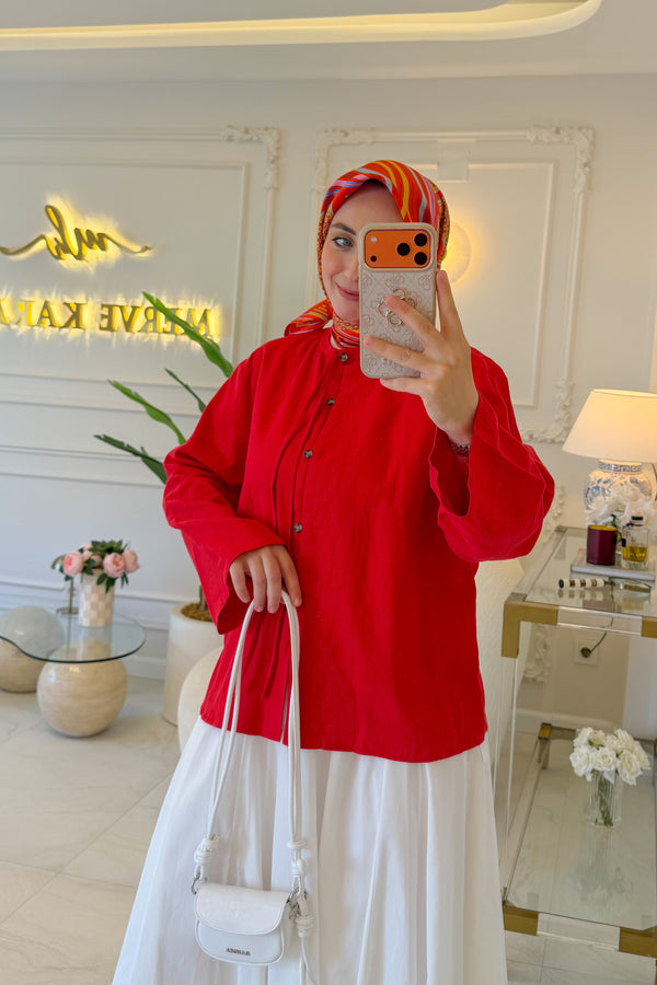 Kırmızı Keten Biyeli Ceket-5296