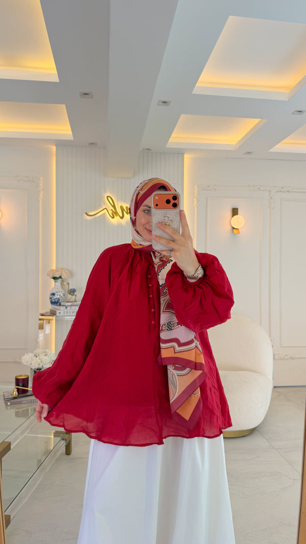 Kırmızı Önden Düğmeli Vual Tunik