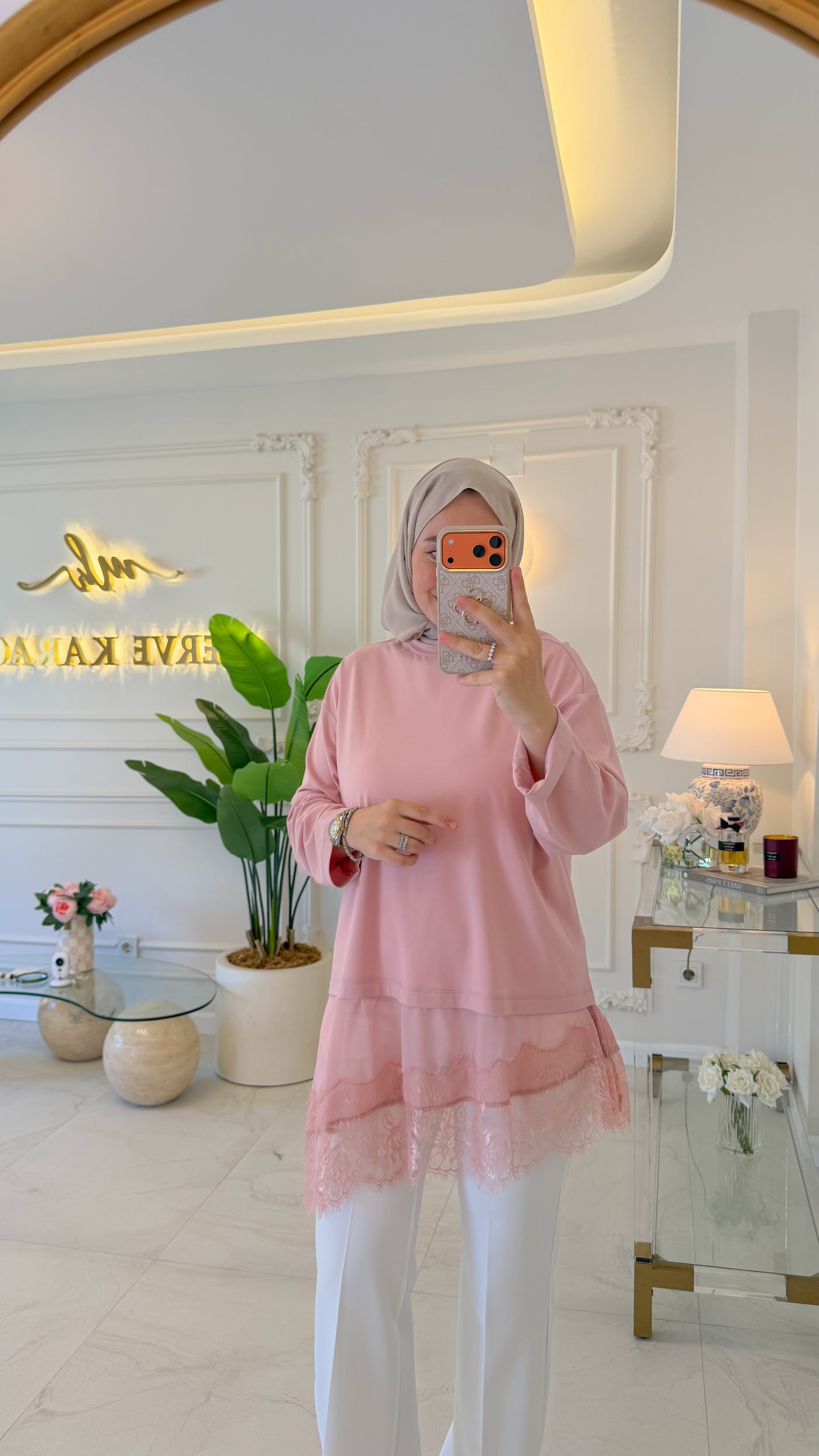 Koyu Pudra Asimetrik Dantel Detaylı Tunik