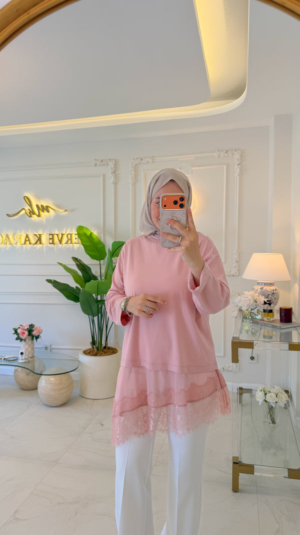 Koyu Pudra Asimetrik Dantel Detaylı Tunik