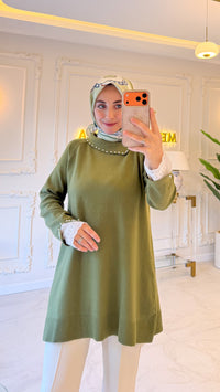 Haki İnci Manşet Detay Tunik
