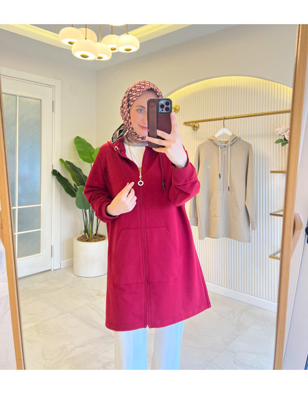 Bordo MK Fermuarlı Kanguru Cepli Hırka