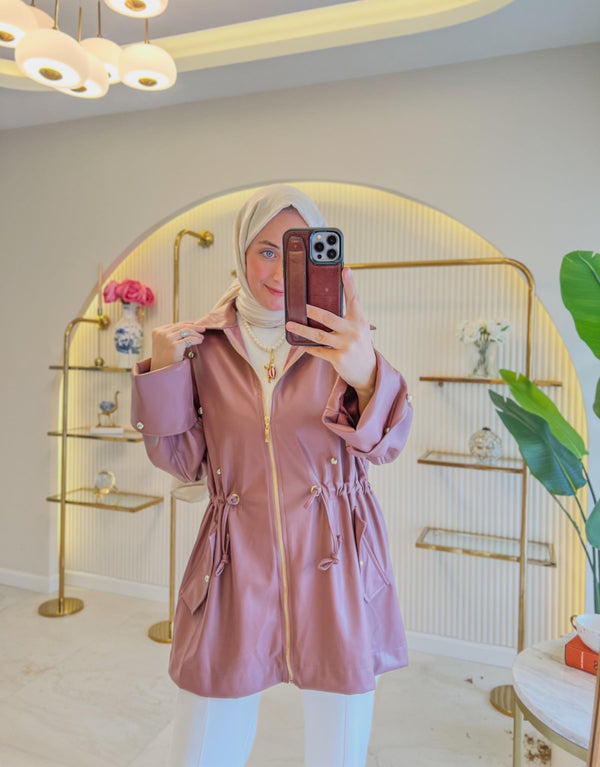 Gül Pembe 2043 Beli Büzgülü Deri Ceket