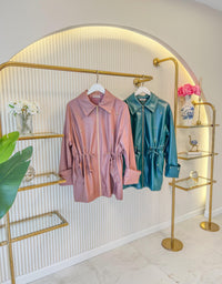 Gül Pembe 2043 Beli Büzgülü Deri Ceket