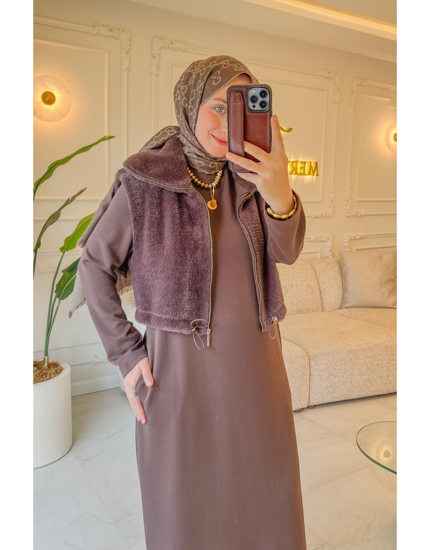 Kahve 7261 Kürklü Yelekli Elbise