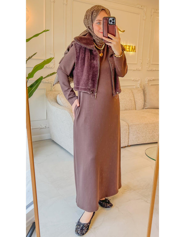 Kahve 7261 Kürklü Yelekli Elbise