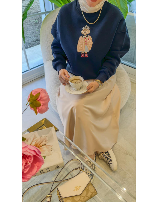 Lacivert Taş İşleme Teddy Baskı Şardonlu Sweatshirt