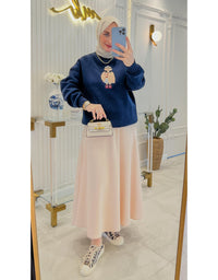 Lacivert Taş İşleme Teddy Baskı Şardonlu Sweatshirt