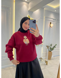 Bordo Taş İşleme Teddy Baskı Şardonlu Sweatshirt