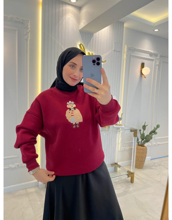 Bordo Taş İşleme Teddy Baskı Şardonlu Sweatshirt