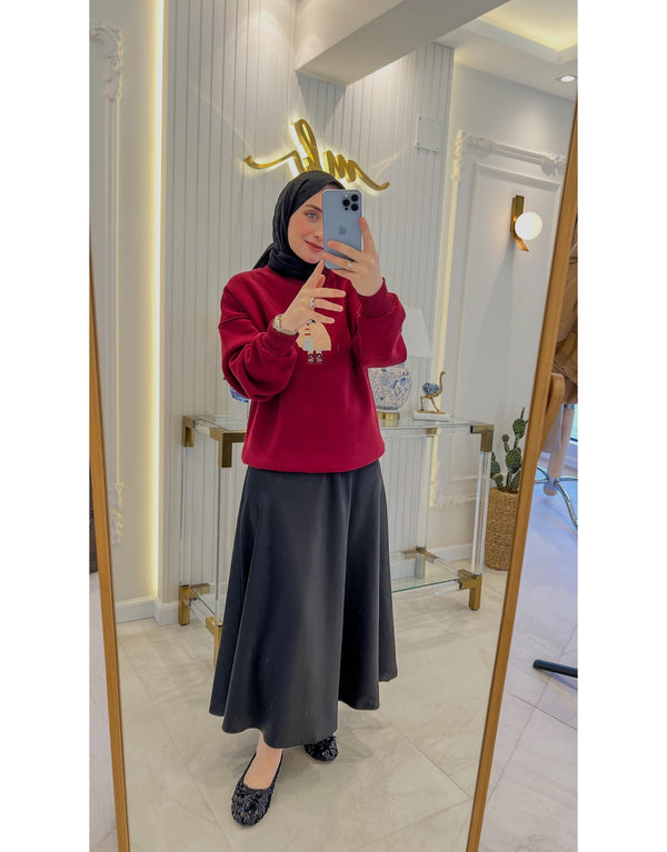 Bordo Taş İşleme Teddy Baskı Şardonlu Sweatshirt