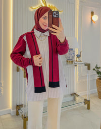 Bordo Şal Yaka Triko Çizgili Poplin Gömlek