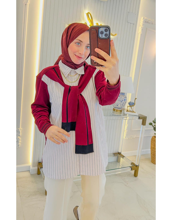 Bordo Şal Yaka Triko Çizgili Poplin Gömlek