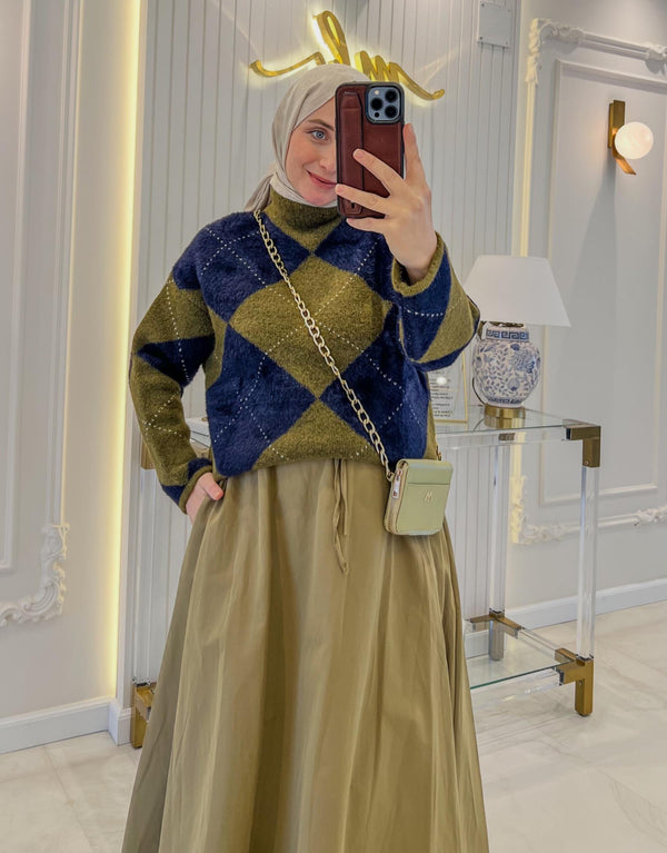 Yeşil Mavi 5040 Baklava Desen Balıkçı Yaka Triko Bluz