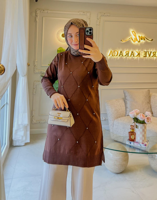 Acı Kahve Baklava Desen Taşlı Triko Tunik