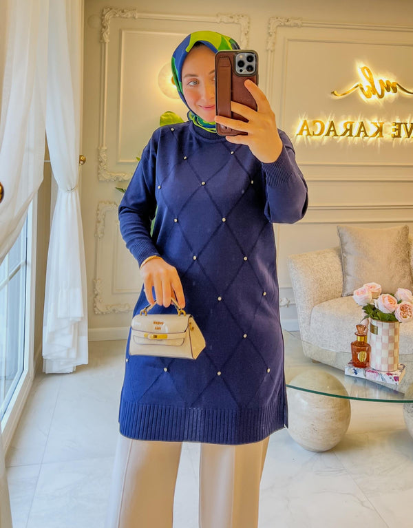 Lacivert Baklava Desen Taşlı Triko Tunik