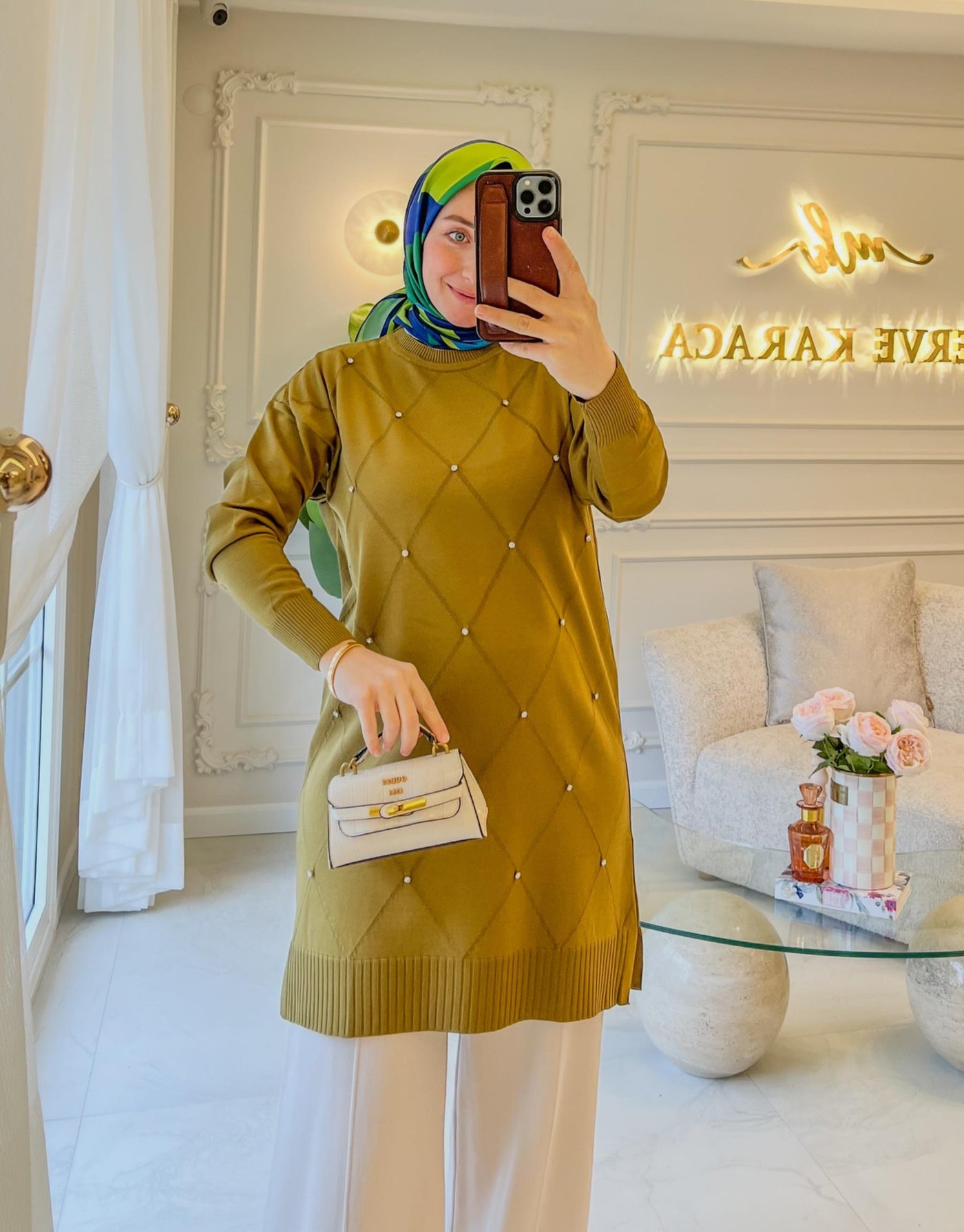 Yağ Yeşili Baklava Desen Taşlı Triko Tunik