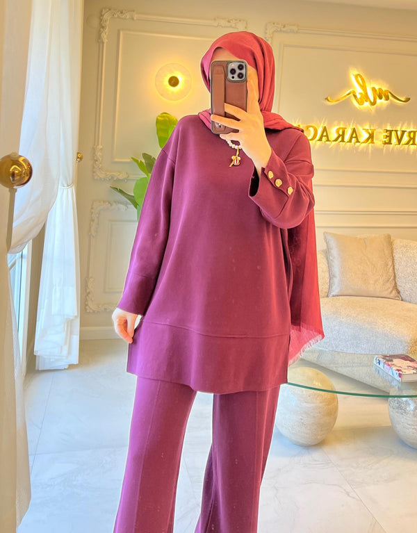 Bordo Gold Düğme Detaylı Triko Takım