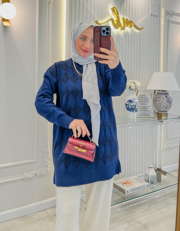 Lacivert 5045 Baklava Desen Simli Triko Tunik