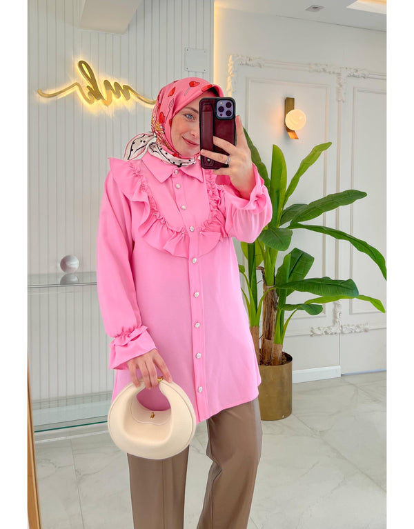 Pembe 314 Ruffle Taş Yaka Gömlek