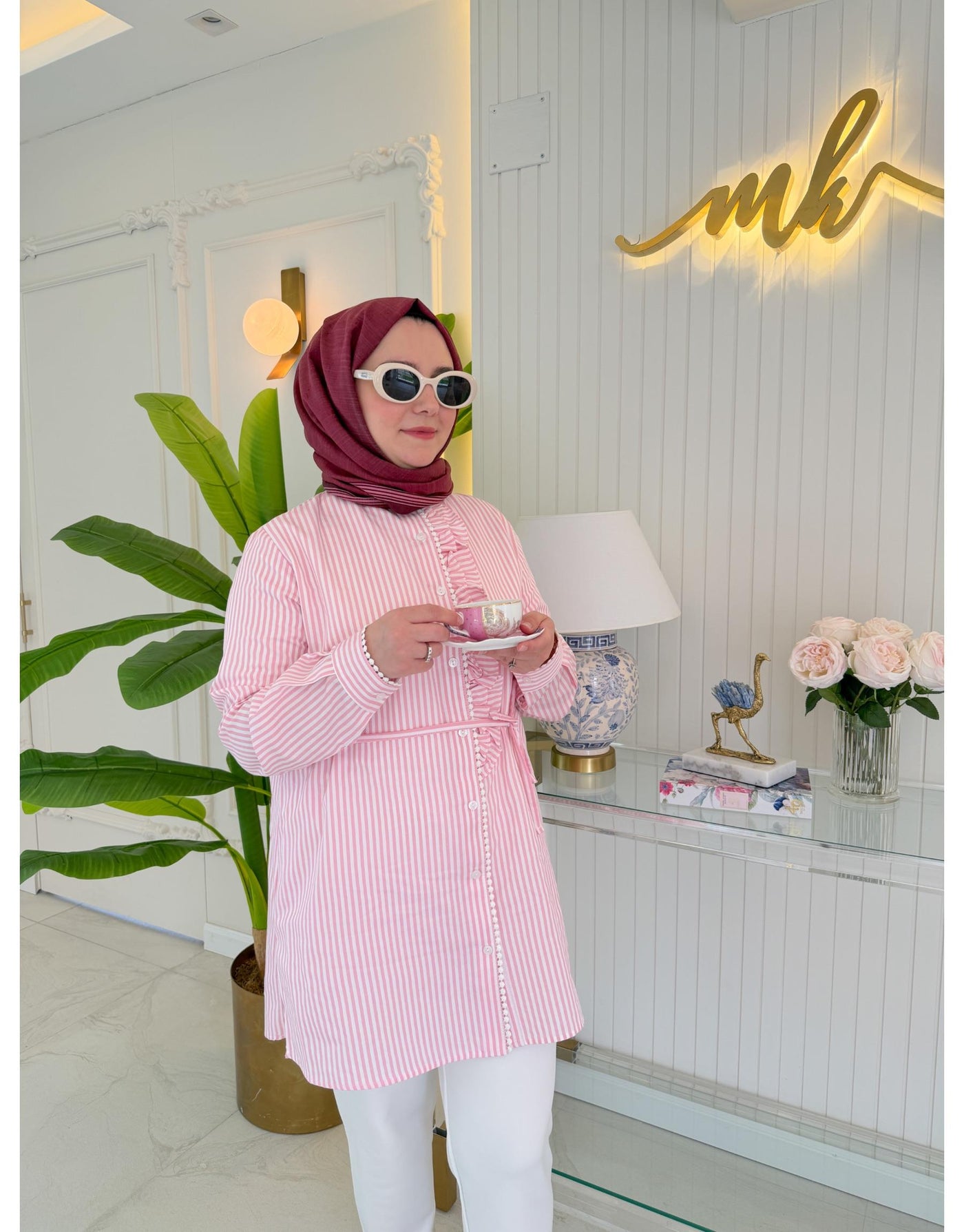 Pembe ÇİZGİLİ BRODE GÖMLEK