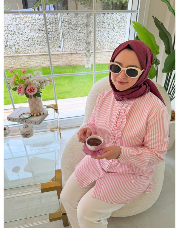 Pembe ÇİZGİLİ BRODE GÖMLEK